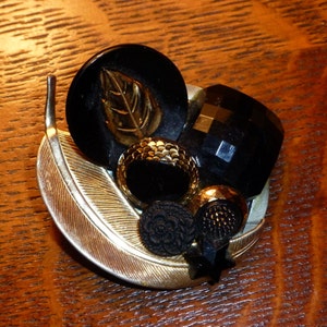 Vintage Gold & Black Button Brooch, 2 1/4" D., Black Leather Backing, Secure Pin Closing, Classically Unique, Ca. 1970's
