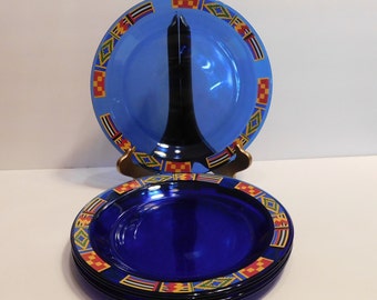 Arcoroc France Set Of 5 "KENTE" Pattern Dinner Plates, Appear Unused, Embossed Stamp Visible