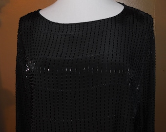 Vintage Ellen Tracy Black Silk, All-Over Black Beaded Tunic, Size M, 1 Owner, Ca. Late 1980's