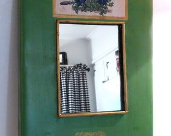 Vintage Morning Glory Print Mirror: Antiqued Green Metal Frame, USA