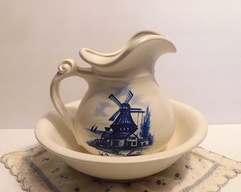 McCoy Pottery LARGE Delft Blue Colored Windmill Motif Pitcher & Basin, Made in U.S.A., Ca. 1970's, Very Good Condition