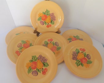 Edwin M. Knowles MONTEREY Fruit Pattern, Set Of 7, 8 1/2" D. Luncheon Plates, Vintage Ca. 1939, Made In U.S.A.