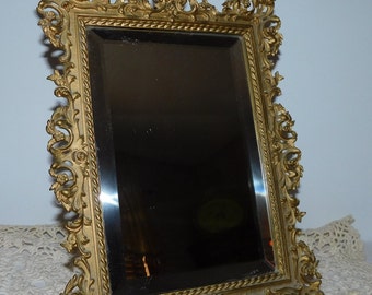 Antique Victorian Gilded Cast Iron, Reticulated Ornate Table Top Mirror, Beveled Glass, Metal Back & Easel