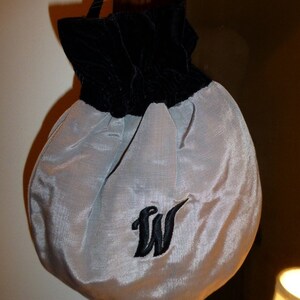 Embroidered W Silver Moire & Black Velvet Drawstring Bag, Handmade In USA