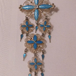 Art Nouveau Marius Hammer Brooch: Antique Turquoise Enamel Sterling Silver Filigree