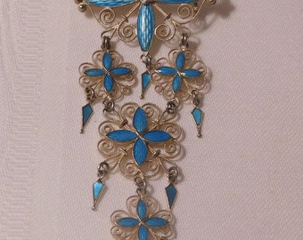 Antique Art Nouveau Marius Hammer, Norway, Turquoise Enamel / Sterling Silver Filigree Brooch, Estate Sale
