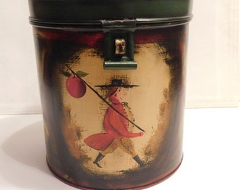 Vintage Hand Painted Toleware American Folk Art Apple Themed Kreamer Lidded Metal Tin