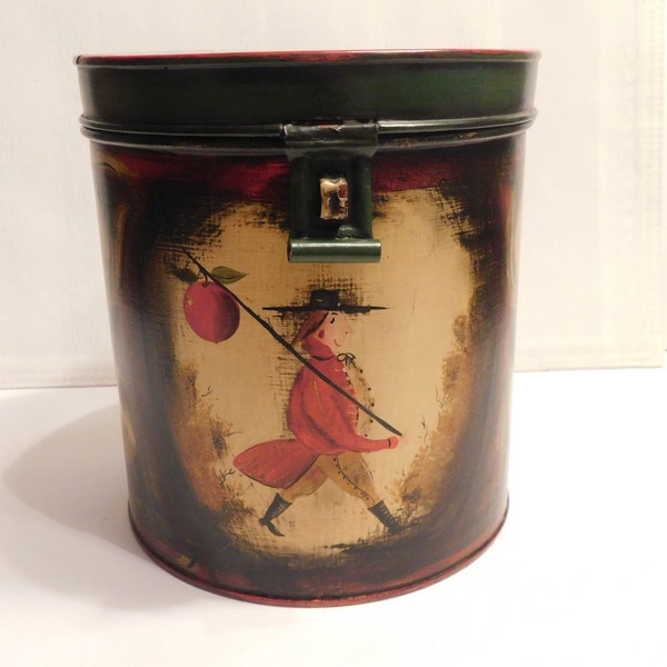 Vintage Hand Painted Toleware American Folk Art Apple Themed Kreamer Lidded Metal Tin