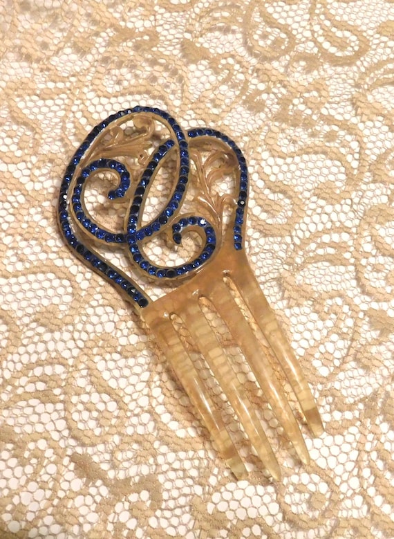Art Deco Dark Blue Rhinestones, Blond Celluloid Hair Comb  display picture 2