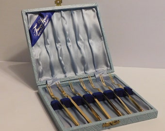 Treasure Masters, Sheffield England Vintage Set Of 7 Gold Plated Cocktail Forks, Original Box, Estate Sale, Appear Unused