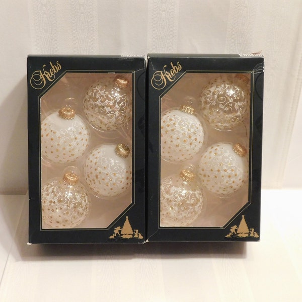 Krebs Vintage Set Of 8 Clear / Frost Glass Ornaments, White Lace & Gold Sparkles, Made In U.S.A., Appear Unused