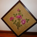 Custom Marled Wood Framed Vintage Crewel Embroidery Of Brilliant Stemmed Roses, Gorgeous Textile, Uniquely Presented