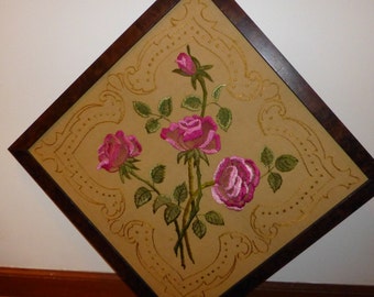 Custom Marled Wood Framed Vintage Crewel Embroidery Of Brilliant Stemmed Roses, Gorgeous Textile, Uniquely Presented