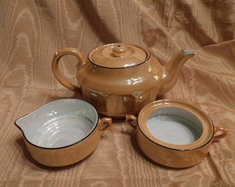 Antique Lusterware Czecho Slovakia Art Deco Teapot, Creamer & Sugar, Made For Kaufmann's. Pittsburgh, Ca. 1920's, Unused