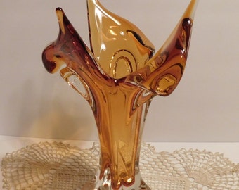 Italian Murano Amber Swung Art Glass Vase - MCM Decor, 11.25"