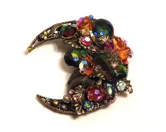 BOLD Multi-Colored "Jeweled" Statement Brooch, One-Of-A-Kind, 3/4 Moon shaped, Hand Made, Original Owner