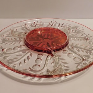 Cranberry & Clear Cut Glass Divided Serving / Snack / Hors d&#39;oeuvre Tray, Appears Unused, Estate Sale