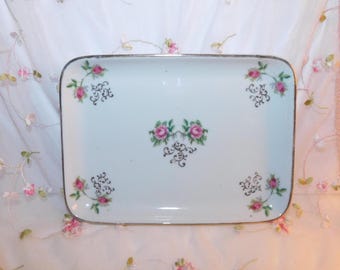 IRICE Porcelain Dresser / Vanity Tray, Hand Painted Pink Rose Design, Ca. 1950's - 1960's
