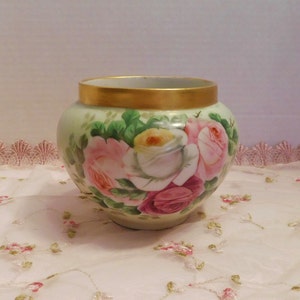 Antique Limoges France Hand Painted Vibrant Pink, Red, White Rose Floral Porcelain Jardiniere
