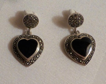 Vintage Black Onyx & Marcasite Heart Dangle Earrings, 1 Owner Purchased New, Personal Collection, Ca. 1980&#39;s