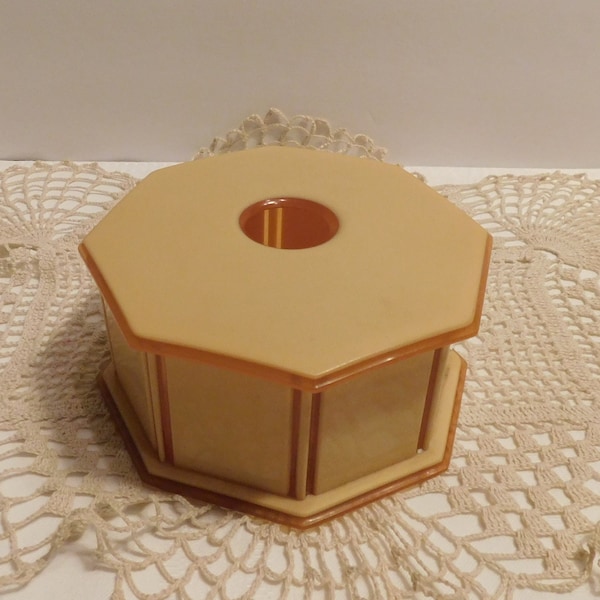 Antique Art Deco Octagonal 2 - Tone Amber Celluloid / Bakelite Hair Receiver / Vanity/ Bathroom Box By Tusculor