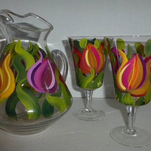 Hand Painted Tulip Glass Pitcher & Goblet Set
