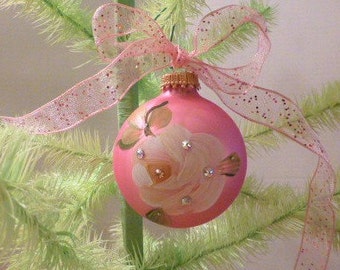 Set Of 7 Hand Painted, Hand Applied Crystals 3" D. Ball Ornaments, White Flower On Victorian Pink Glass, Glitter Wire Ribbon, U.S.A.