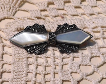 Broche Art Déco En Argent Massif Et Nacre - Vers 1920, Ornée De Marcassites, Occasion