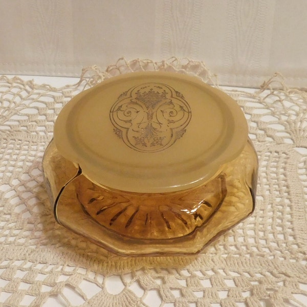 Sweet Vintage Amber Depression Glass Powder / Trinket Jar, Gold Embossed Decorative Celluloid Lid, Estate Sale, Appears Unused