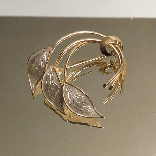 CORO Silver Printed Enamel Leaves / Gold Tone Metal Brooch, Ca. 1960's, Signed, Excellent Vintage Condition