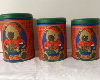 Vintage Set Of 3 Holiday Bear Motif Nesting Tins, Red & Green, Kaufmann's Department Store, Unused , Original Sticker