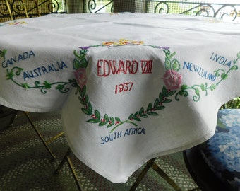 Antique "1937 Imperial Conference" Exquisitely Hand Embroidered Card Table Linen Features British Members, Estate Sale