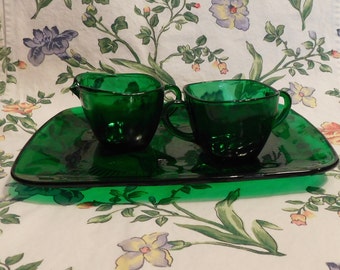Anchor Hocking CHARM Forest Green Pressed Glass 11" L. Tray / Platter + Sugar And Creamer Set, U.S.A., Ca. 1950's
