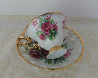 Vintage Opalescent Pink Rose Tea Cup & Open Work Saucer, M.B.D. Co., Highmount Quality, Japan, Orig. Sticker Intact