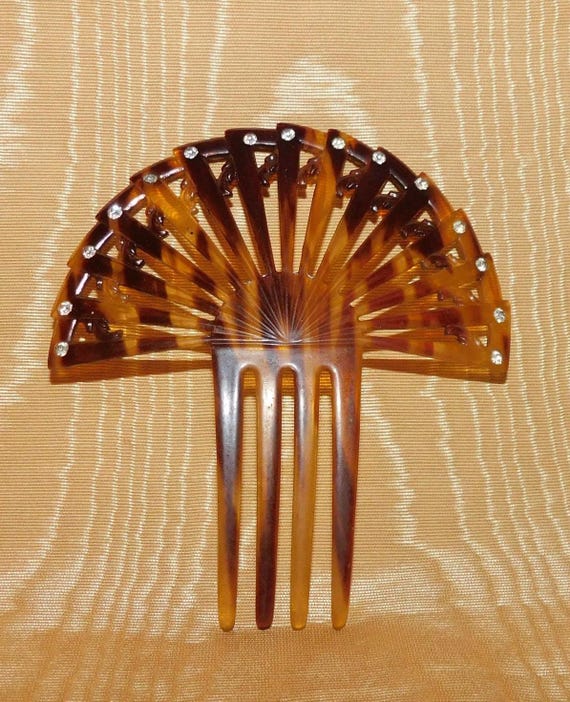 1930s Art Deco Celluloid Faux Tortoise Shell Rhinestones Hair Pick Hair Ornament Art Deco Hair Comb: Faux Tortoise Shell Celluloid, Red  main image 4