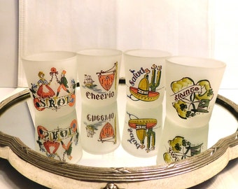 Gay Fad Studios Set Of 4  Old Fashion Frosted Glasses, Colorful Salutations: Sweden, England, Mexico & Ireland, Great Condition !