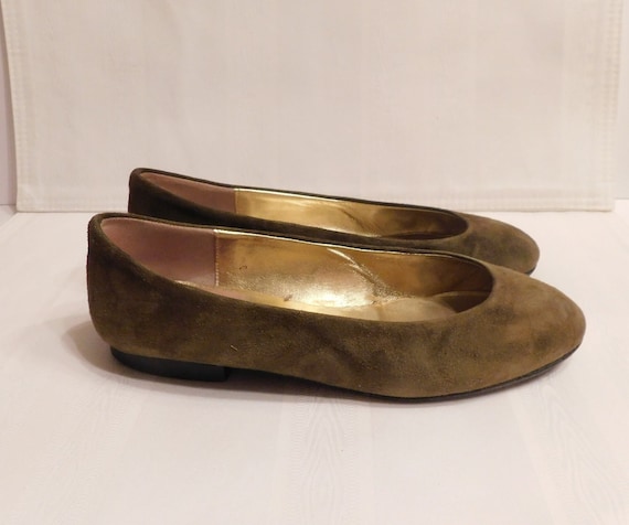 andrea carrano Vintage Olive Suede "Baby" Flats, … - image 1