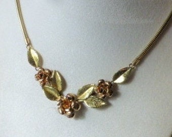 Vintage KREMENTZ Yellow Pink 14K Gold Overlay Plating Triple Rose Necklace Heavy Snake Chain Signed Appears Pristine And Unworn