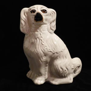 Antique English Staffordshire Glass Eye 9 3/4&quot; H. Mantle Dog, From Personal Collection
