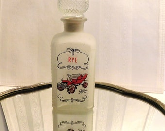 Gay Fad Studios RYE Frosted Glass Decanter & Cork Stopper, 1903 Cadillac Design, Estate Sale