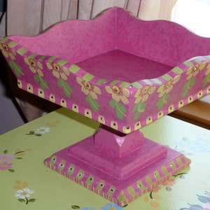 Custom Made Solid Wood Footed Bowl, Hand Painted Hot Pink Floral , Swarovski Crystal Accents,  One Of A Kind, USA