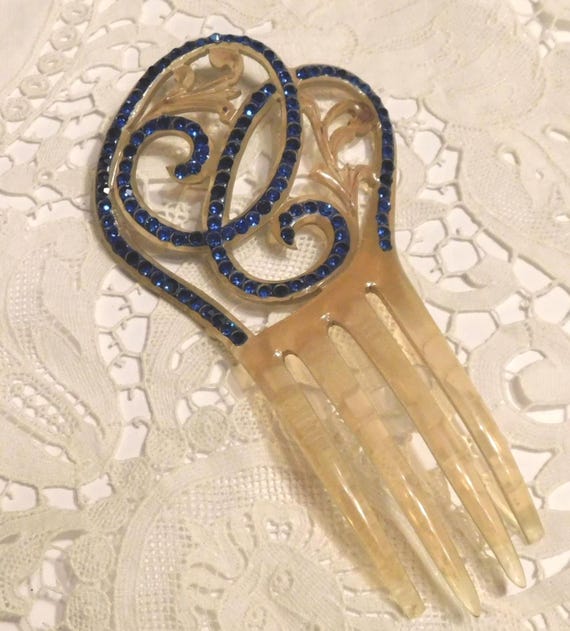 Art Deco Dark Blue Rhinestones, Blond Celluloid Hair Comb  display picture 3