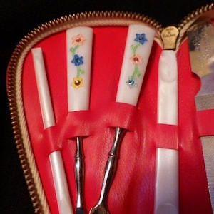 Retro 1960's Travel / Handbag Manicure Set, Made In England, Mod Zip Case, Pastel Rhinestone Accented Tools, Appears Unused