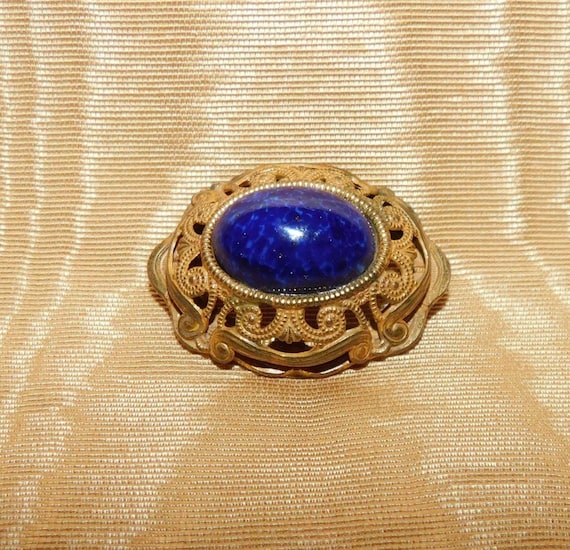 Miriam Haskell Lapis Lazuli Stone, Intricate Gold… - image 1