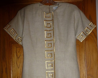 Vintage 1980 Chetta B Linen Dress With Gold Metallic Embroidery, Size 10, U.S.A., Purchased New, One, Original Owner