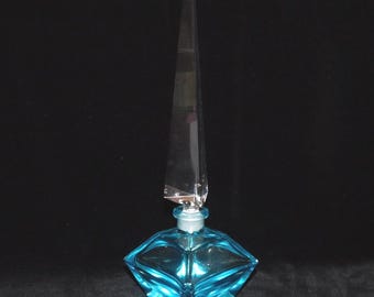 House Of Global Art Geometric Shaped Aqua Perfume Bottle, Clear Pointed Stopper, Art Deco Style, Ca. 1950's