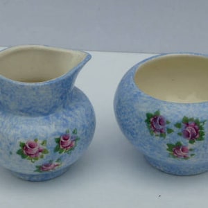 Blue Sponge And Roses Painted Pitcher And Bowl Miniatures, Vintage Lancaster Ltd., One Family Original Owner,Pristine