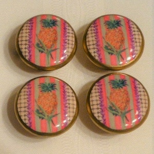 Pineapple Wooden Knobs: Tropical Decoupage, Gilt Trim (Set of 4)