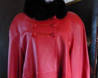 Vintage Red Leather 3/4 Swing Coat With Plush Black Fox Collar & Cuffs, Purchased New,Ca. Late 1970, One, Original Owner