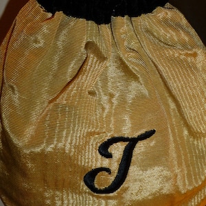 Embroidered T Initial Gold Moire & Black Velvet Drawstring Bag, Hand Made In USA